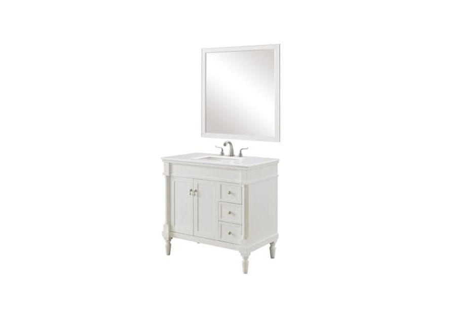 Elegant Kitchen and Bath VF13036AW-VW 36 inch Single Bathroom Vanity in Antique White with Ivory White Engineered Marble