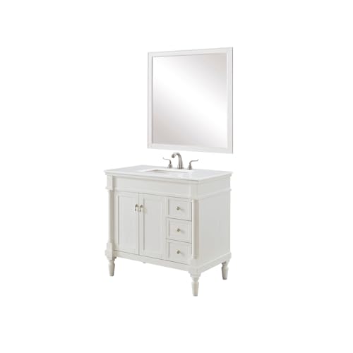 Elegant Kitchen and Bath VF13036AW-VW 36 inch Single Bathroom Vanity in Antique White with Ivory White Engineered Marble