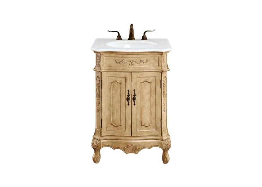 Elegant Kitchen and Bath VF-1001-VW 24 inch Single Bathroom Vanity in Antique Beige with Ivory White Engineered Marble