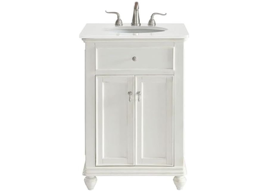 Elegant Kitchen and Bath VF12324AW-VW 24 inch Single Bathroom Vanity in Antique White with Ivory White Engineered Marble