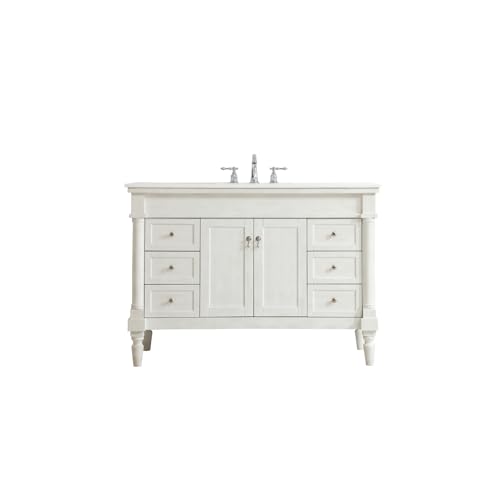 Elegant Kitchen and Bath VF13048AW-VW 48 inch Single Bathroom Vanity in Antique White with Ivory White Engineered Marble