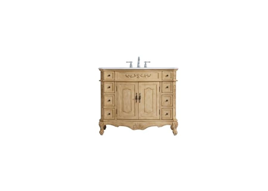 Elegant Kitchen and Bath VF10142AB-VW 42 inch Single Bathroom Vanity in Light Antique Beige with Ivory White Engineered Marble