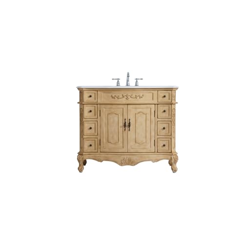 Elegant Kitchen and Bath VF10142AB-VW 42 inch Single Bathroom Vanity in Light Antique Beige with Ivory White Engineered Marble