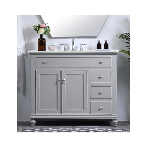 Elegant Kitchen and Bath VF12342GR 42 inch Single Bathroom Vanity in Light Grey with Ivory White Engineered Marble