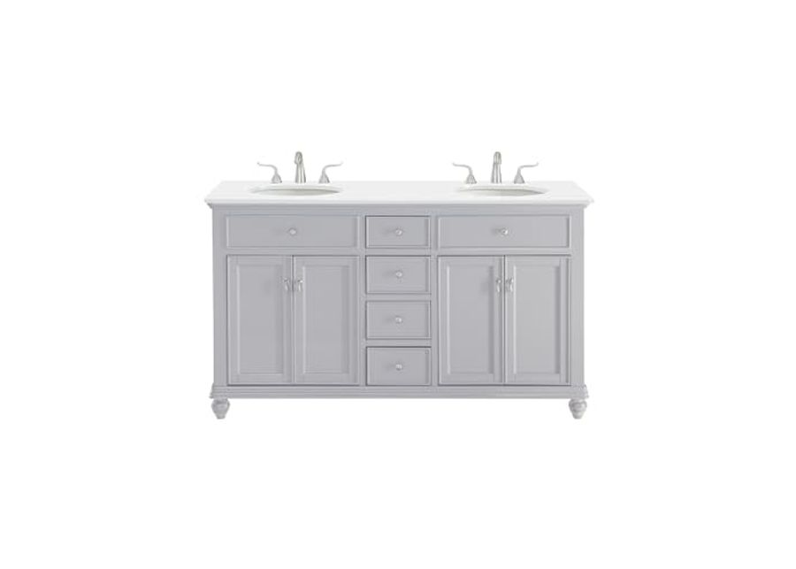 Elegant Kitchen and Bath VF12360DGR 60 inch Double Bathroom Vanity in Light Grey with Ivory White Engineered Marble