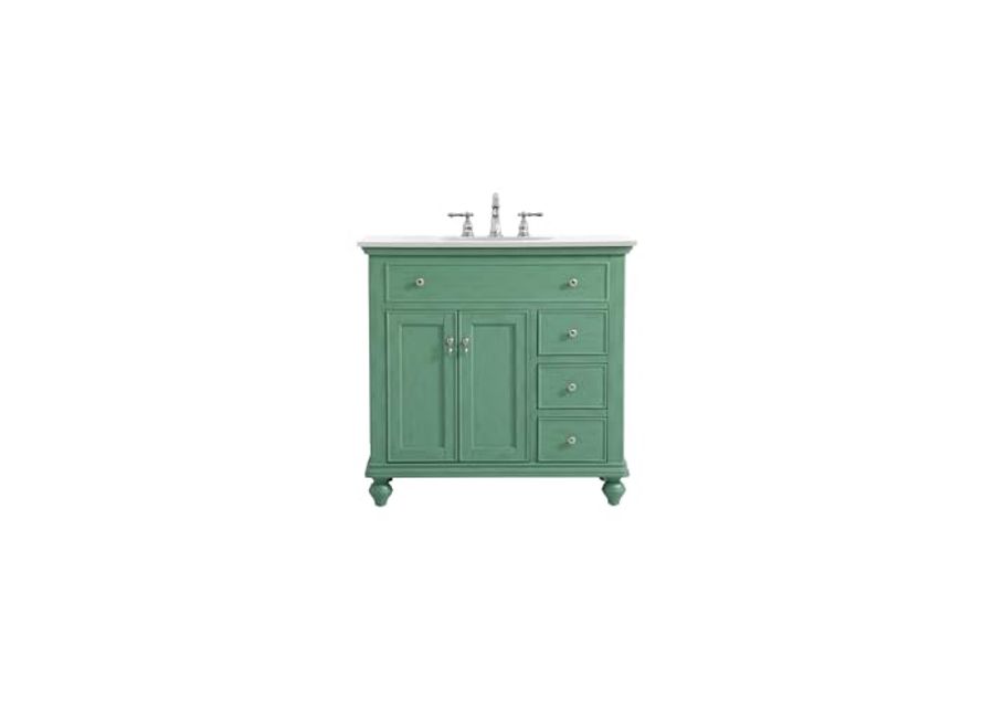 Elegant Kitchen and Bath VF12336VM-VW 36 inch Single Bathroom Vanity in Vintage Mint with Ivory White Engineered Marble