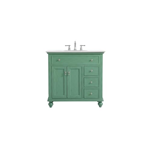 Elegant Kitchen and Bath VF12336VM-VW 36 inch Single Bathroom Vanity in Vintage Mint with Ivory White Engineered Marble