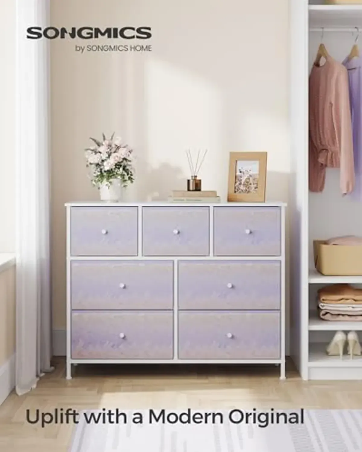 SONGMICS Dresser for Bedroom, Chest of Drawers, Closet Organizer and Storage Cabinet with 7 Fabric Drawers, Metal Frame, Snow White and Pale Purple ULTS117W03