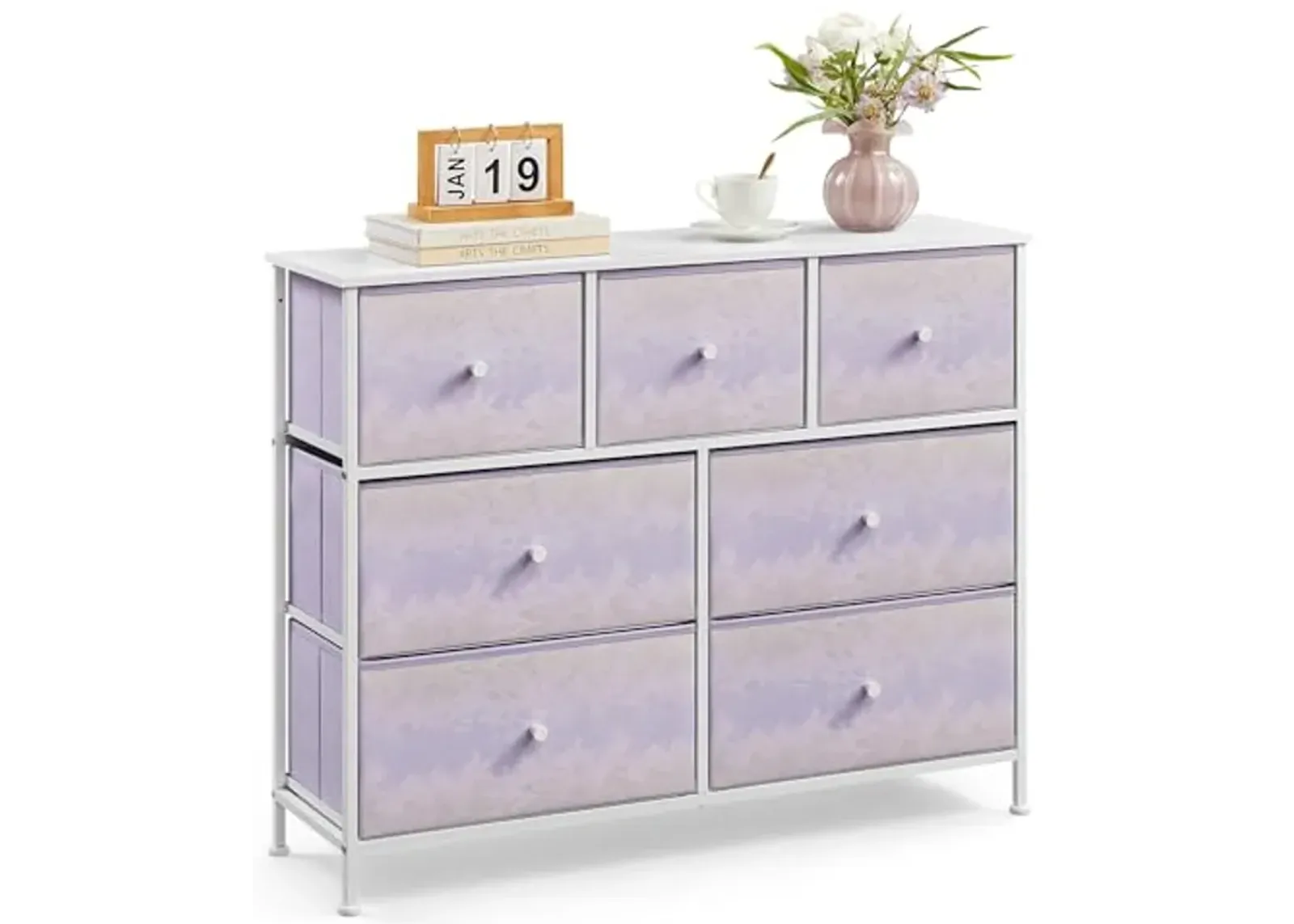 SONGMICS Dresser for Bedroom, Chest of Drawers, Closet Organizer and Storage Cabinet with 7 Fabric Drawers, Metal Frame, Snow White and Pale Purple ULTS117W03