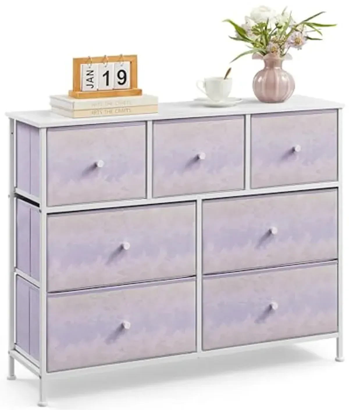 SONGMICS Dresser for Bedroom, Chest of Drawers, Closet Organizer and Storage Cabinet with 7 Fabric Drawers, Metal Frame, Snow White and Pale Purple ULTS117W03