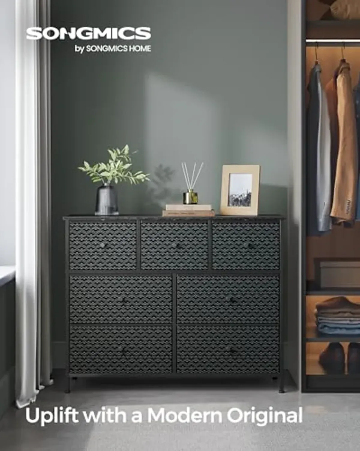 SONGMICS Dresser for Bedroom, Chest of Drawers, Closet Organizer and Storage Cabinet with 7 Fabric Drawers, Metal Frame, Ebony Black and Ink Black ULTS117B01