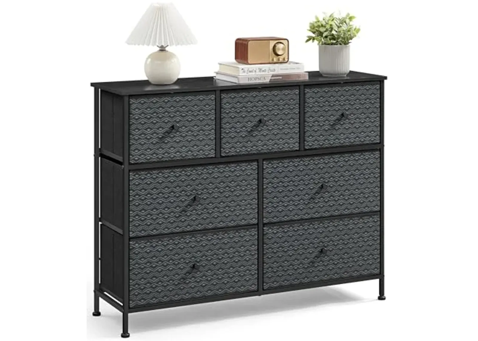 SONGMICS Dresser for Bedroom, Chest of Drawers, Closet Organizer and Storage Cabinet with 7 Fabric Drawers, Metal Frame, Ebony Black and Ink Black ULTS117B01