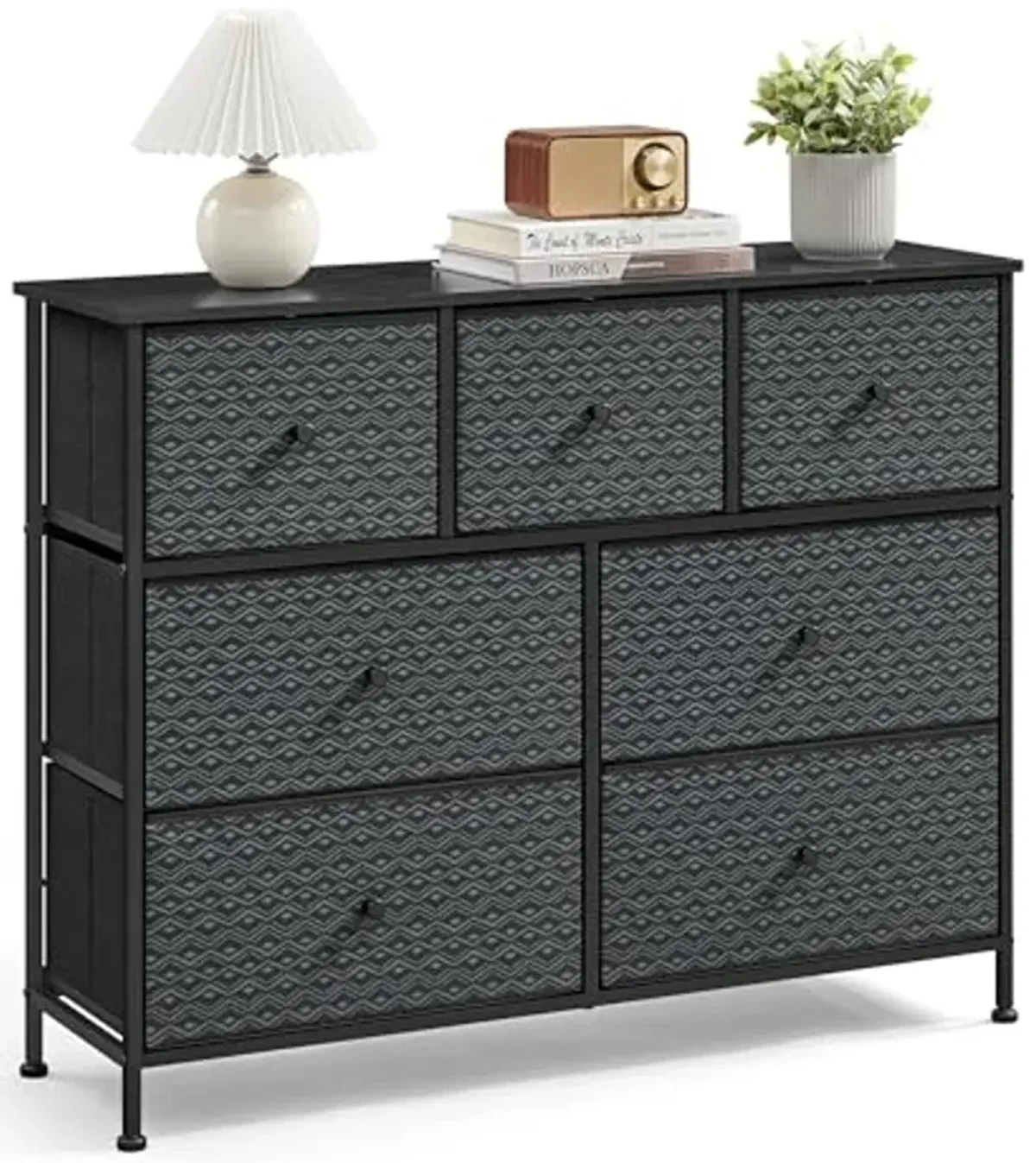 SONGMICS Dresser for Bedroom, Chest of Drawers, Closet Organizer and Storage Cabinet with 7 Fabric Drawers, Metal Frame, Ebony Black and Ink Black ULTS117B01