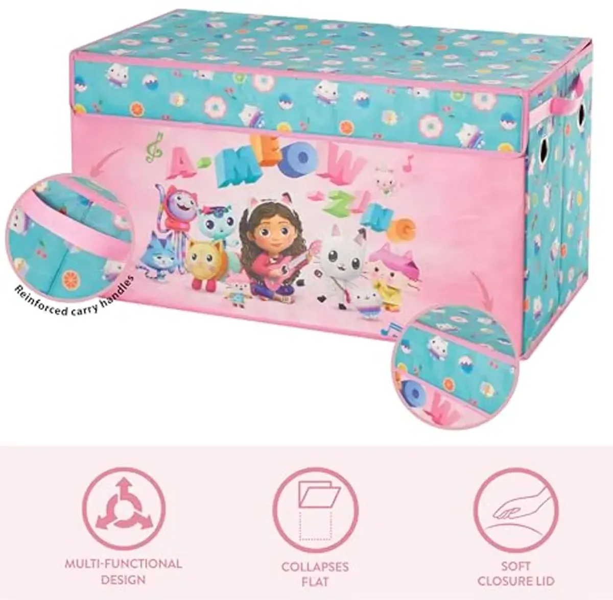 Idea Nuova Gabbys Dollhouse Collapsible Childrens Storage Trunk, Durable with Soft Lid, 28.5"x14.5"x16"