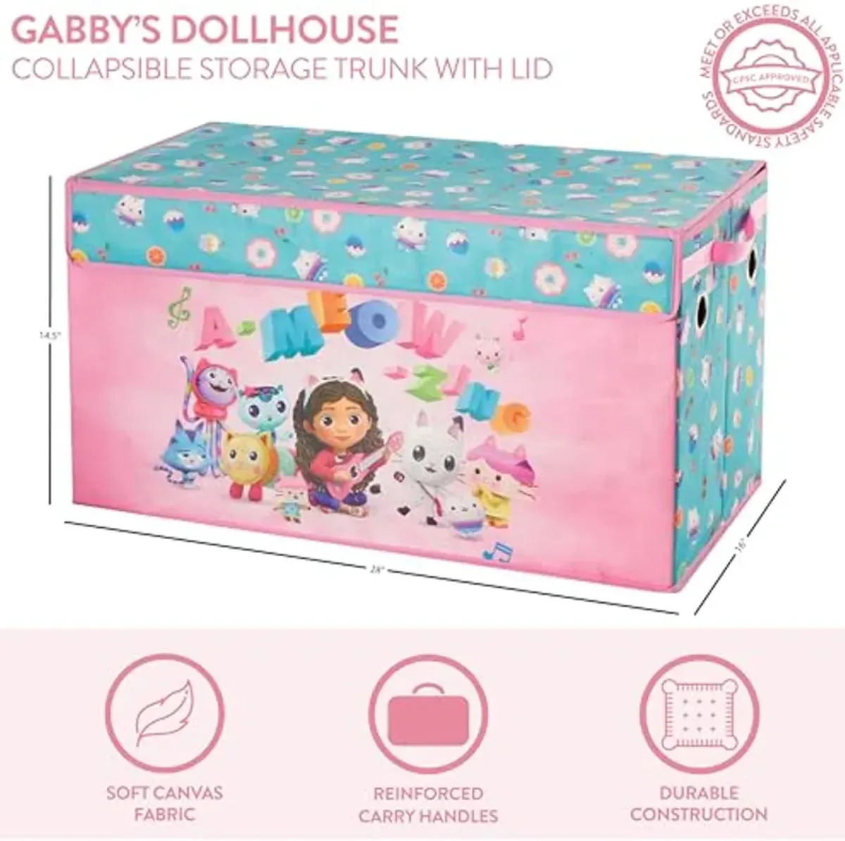 Idea Nuova Gabbys Dollhouse Collapsible Childrens Storage Trunk, Durable with Soft Lid, 28.5"x14.5"x16"