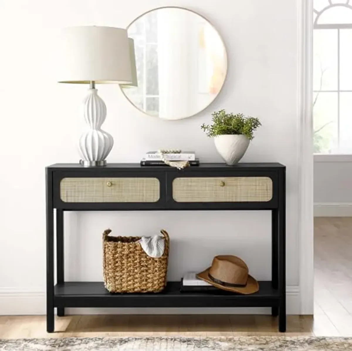 Modway Chaucer Modern Console Black with Wood Grain Finish, Ideal Entryway Table with Storage for Hallway or Living Room Décor