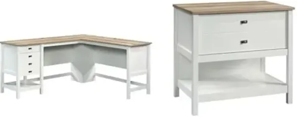 Sauder Cottage Road L-Desk, L: 65.12" x W: 58.66" x H: 29.76", Soft White Finish & Cottage Road Lateral File, L: 32.44" x W: 21.81" x H: 29.76", Soft White Finish