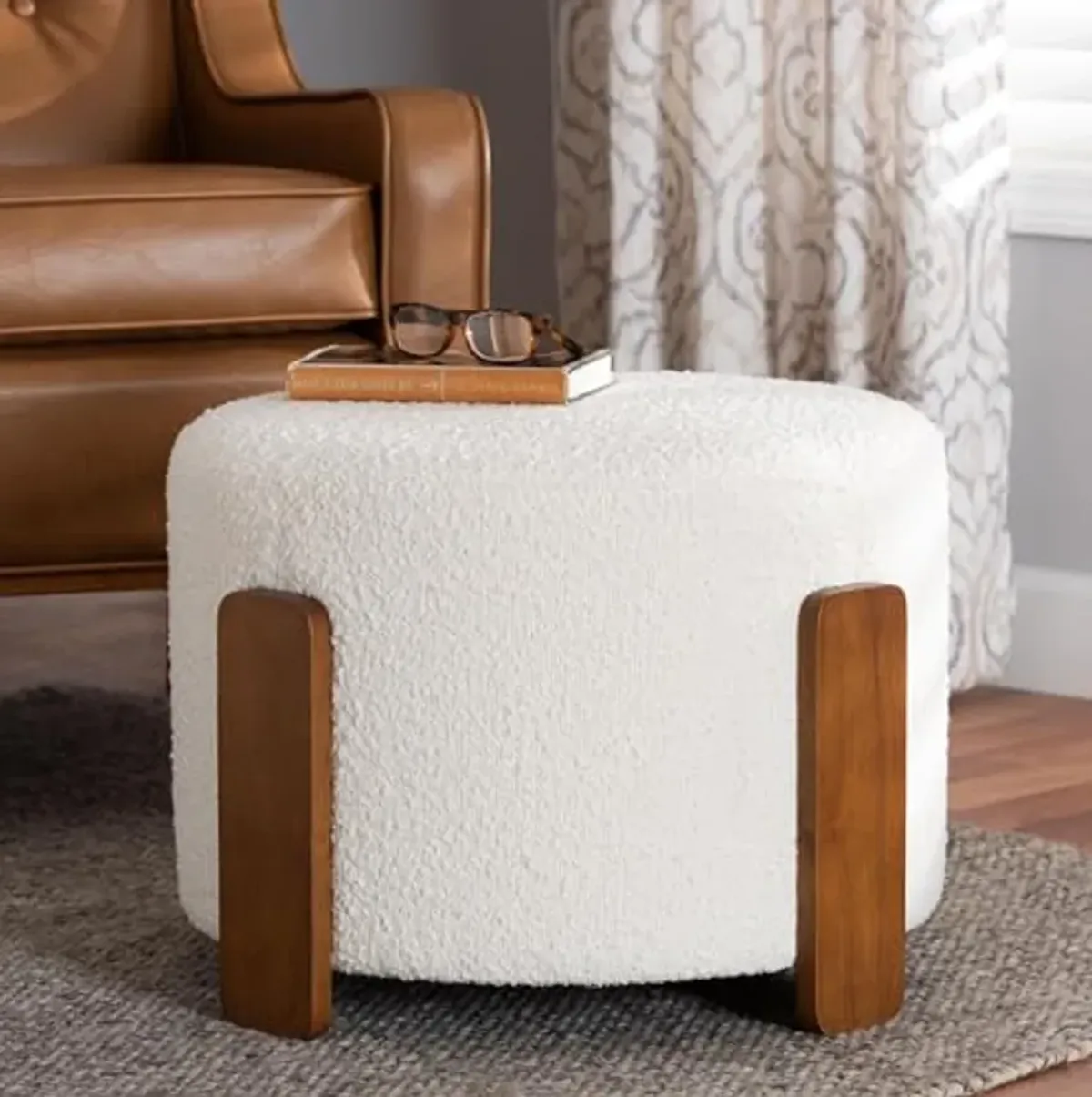 Baxton Studio Finlay Footstool, One Size, Cream/Walnut Brown