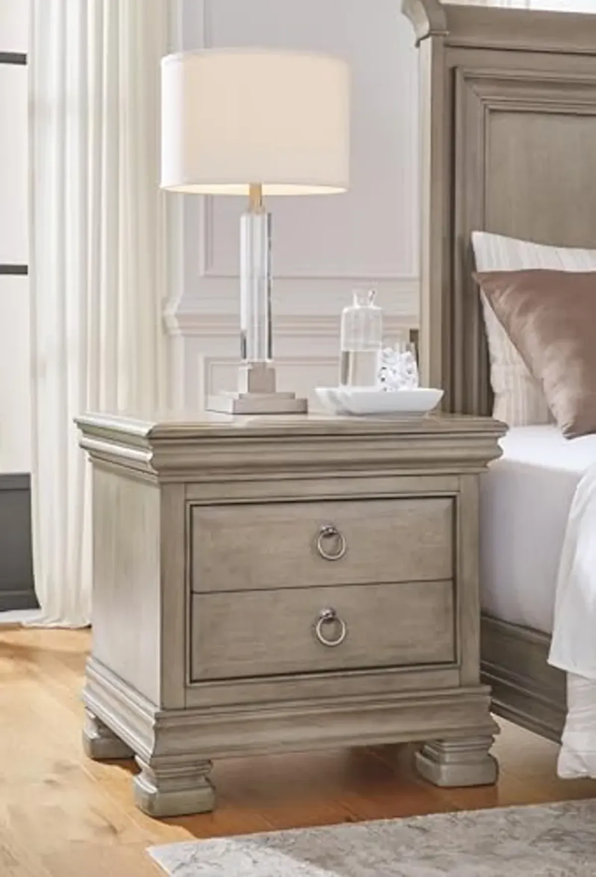 Signature Design by Ashley Lexorne Classic 3 Drawer Nightstand with Power Supply and USB Ports, 26.5" Tall, Light Gray