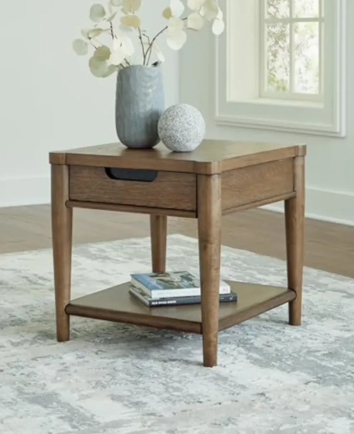 Signature Design by Ashley Roanhowe Contemporary 1-Drawer End Table with Open Lower Shelf, Light Brown