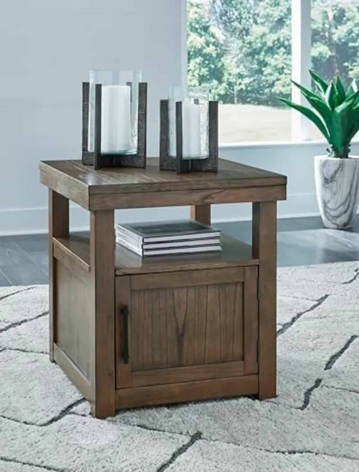 Signature Design by Ashley Boardernest Casual End Table with 1 Open Shelf and 1 Cabinet, Dark Brown