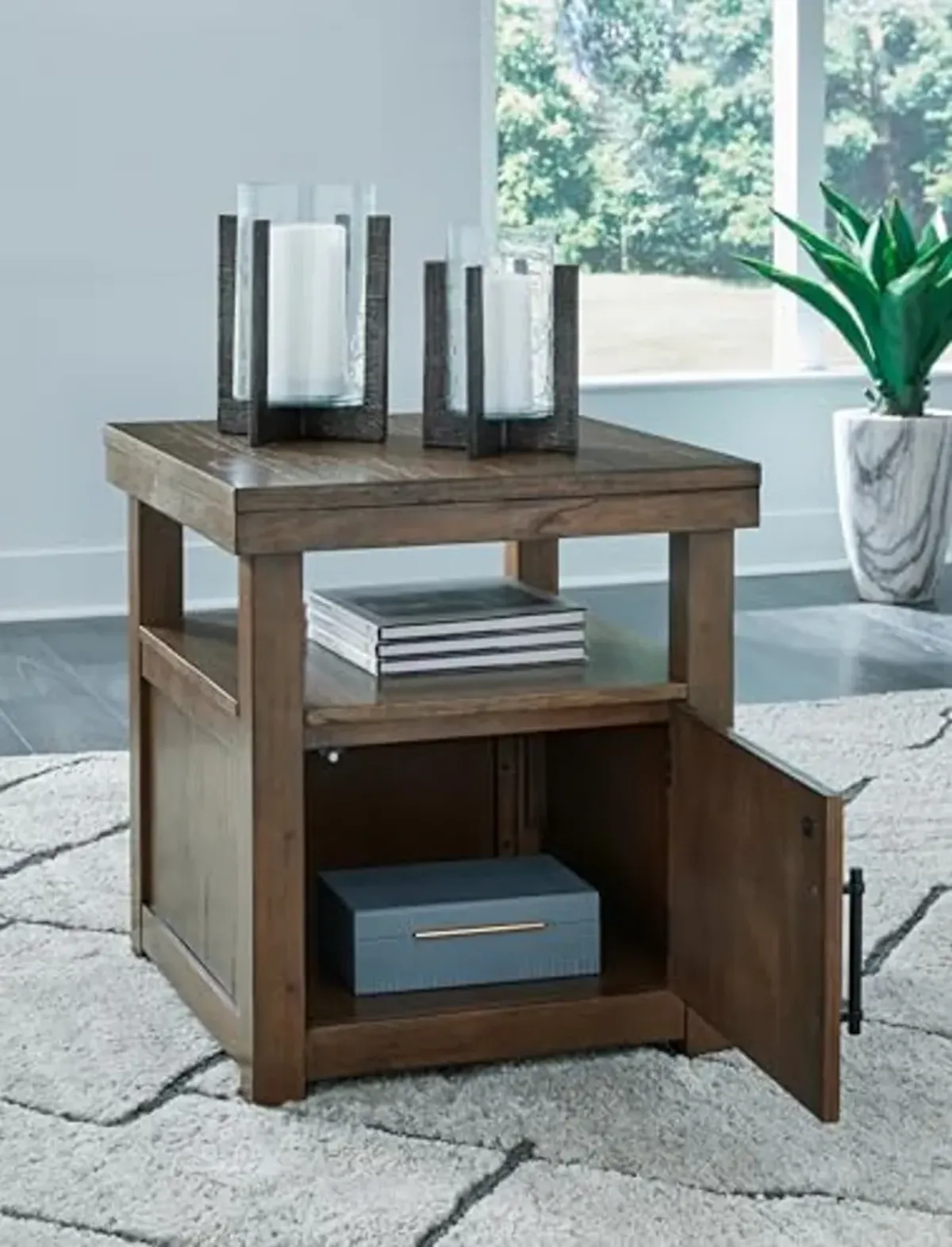 Signature Design by Ashley Boardernest Casual End Table with 1 Open Shelf and 1 Cabinet, Dark Brown