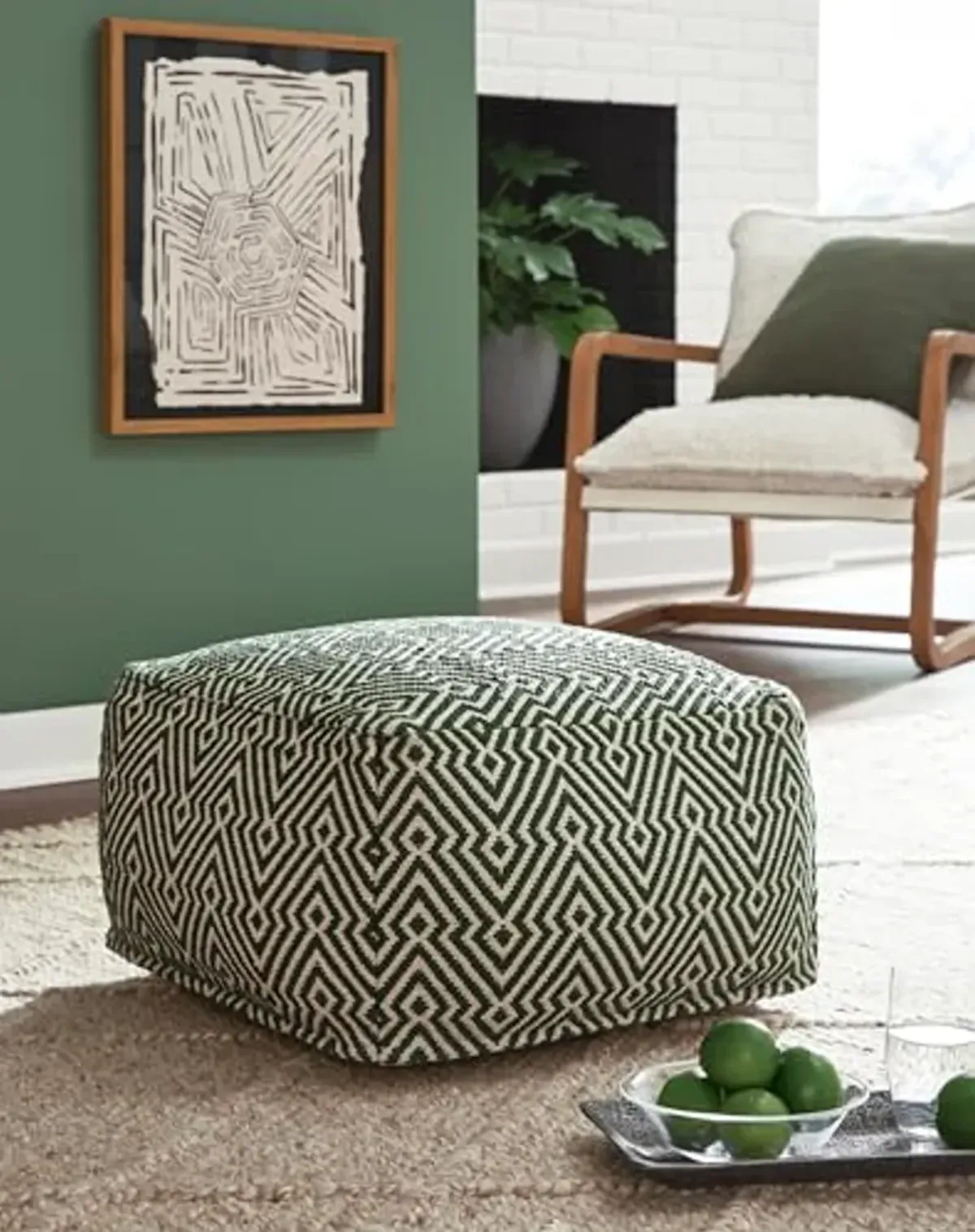 Signature Design by Ashley Abacy Casual Square Handwoven Pouf with Geometric Pattern, Green & Beige