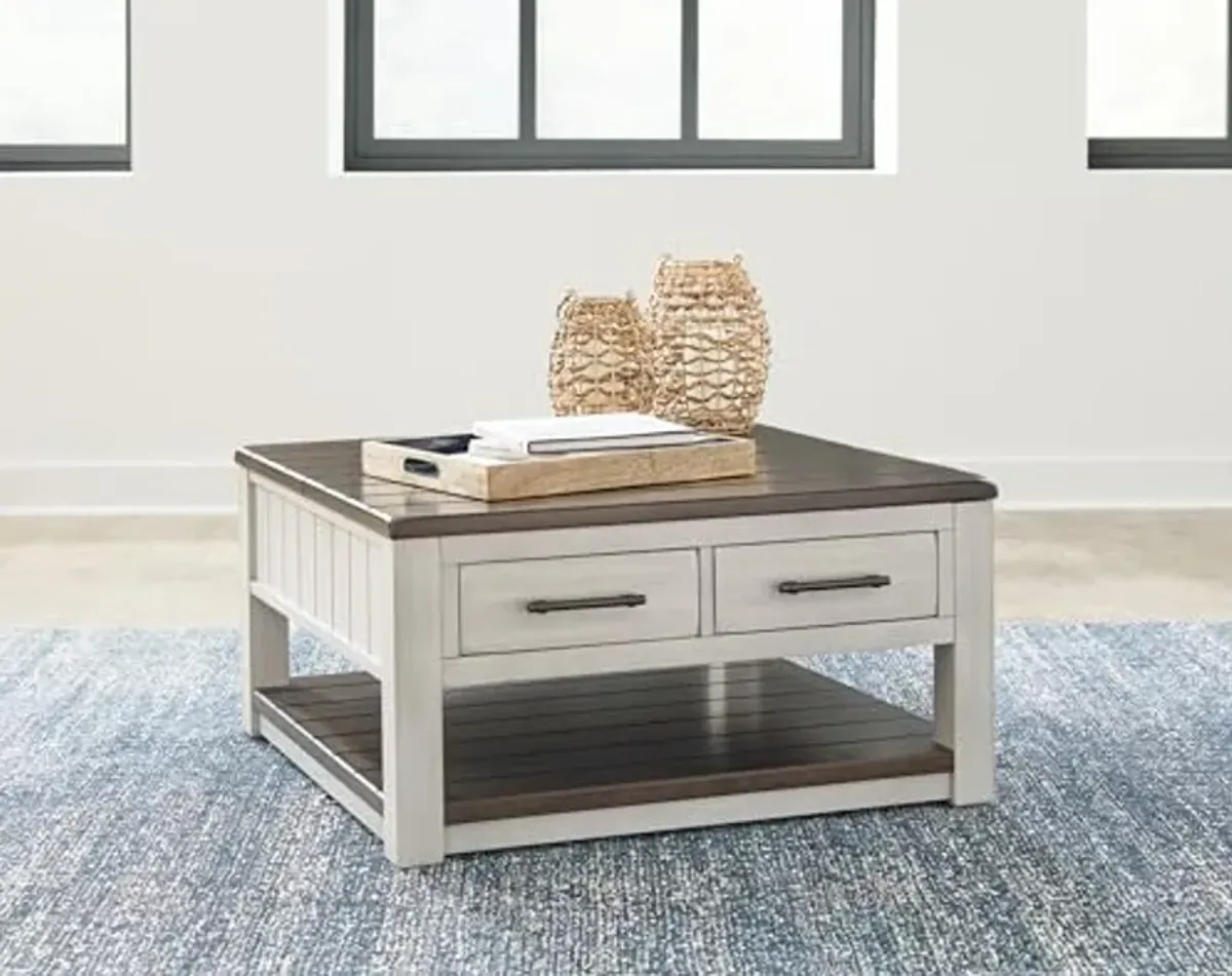 Signature Design by Ashley Darborn Farmhouse Lift-Top Coffee Table with Drawers, Lower Shelf and Casters, Light Gray & Dark Brown