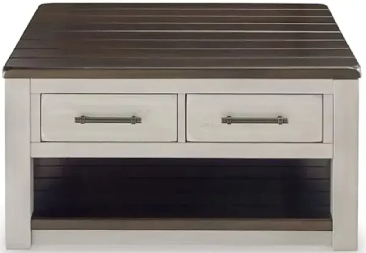 Signature Design by Ashley Darborn Farmhouse Lift-Top Coffee Table with Drawers, Lower Shelf and Casters, Light Gray & Dark Brown