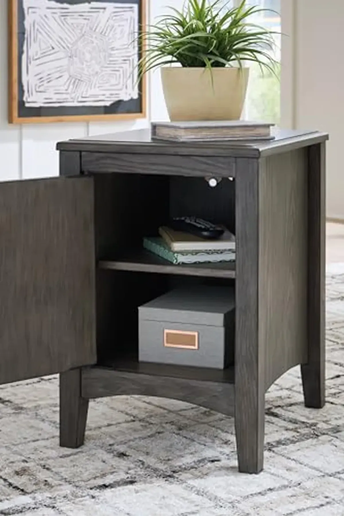 Signature Design by Ashley Montillan Casual Chairside End Table with 1 Cabinet, Power Supply and USB Ports, Dark Brown