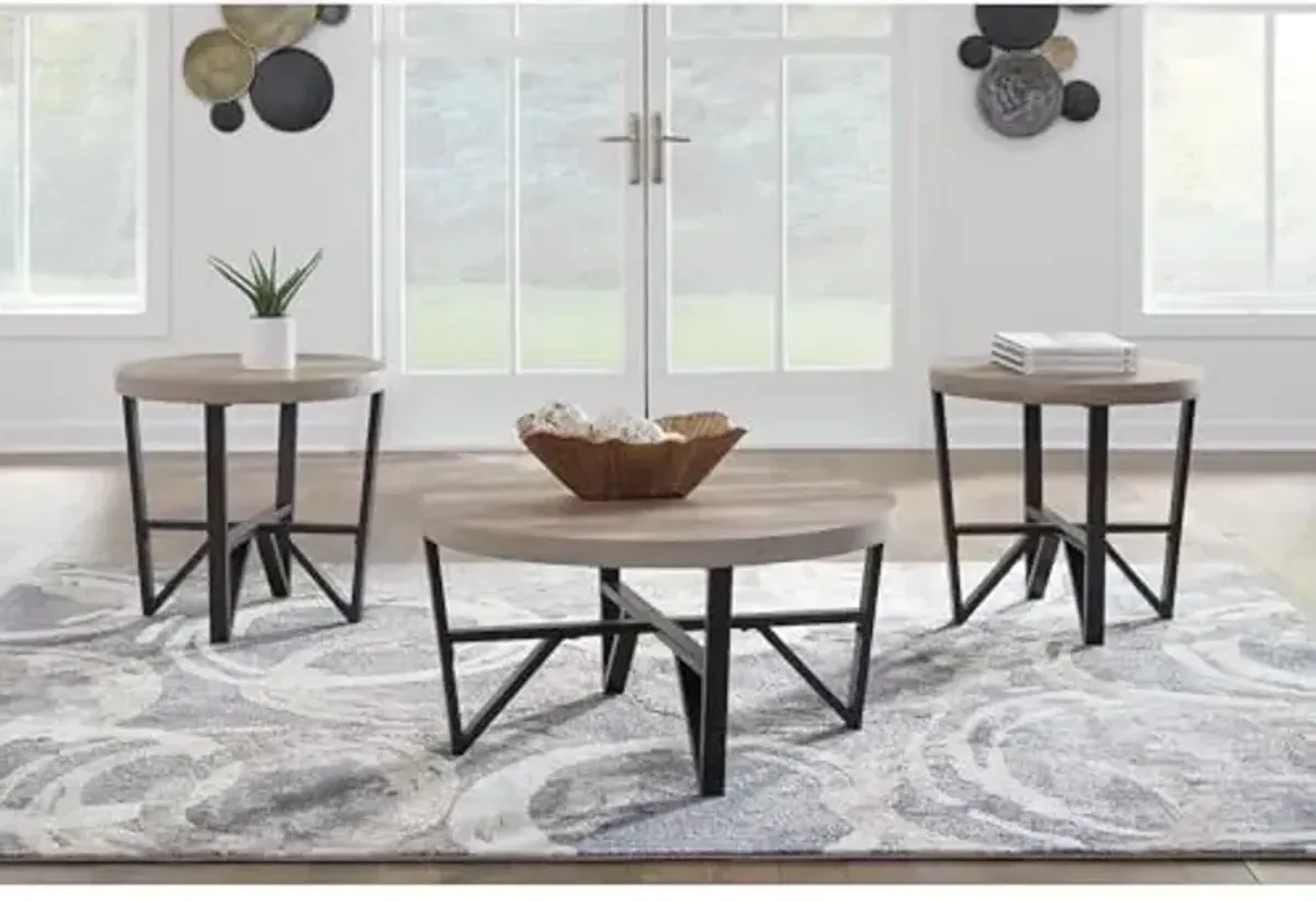 Signature Design by Ashley Deanlee Contemporary Table Set with Metal Frame, Set of 3, Light Brown & Black