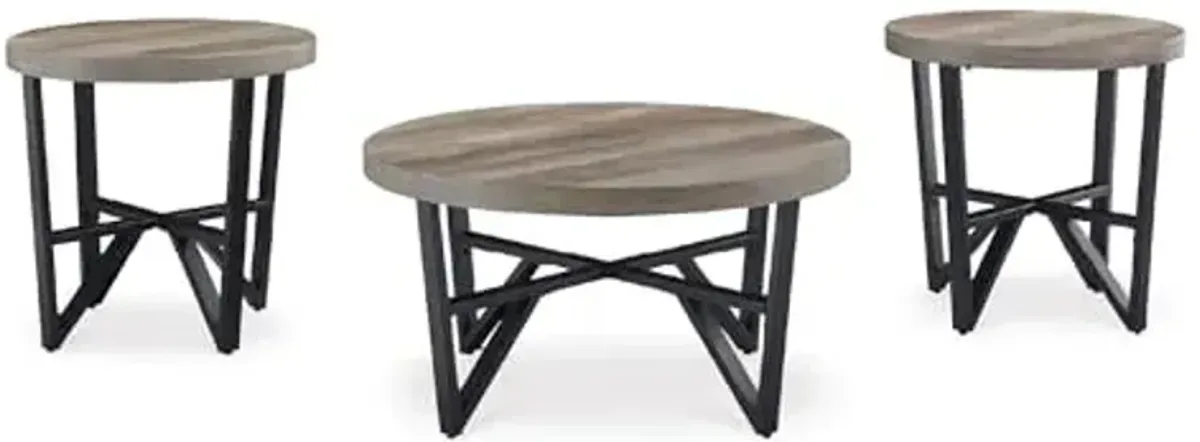 Signature Design by Ashley Deanlee Contemporary Table Set with Metal Frame, Set of 3, Light Brown & Black