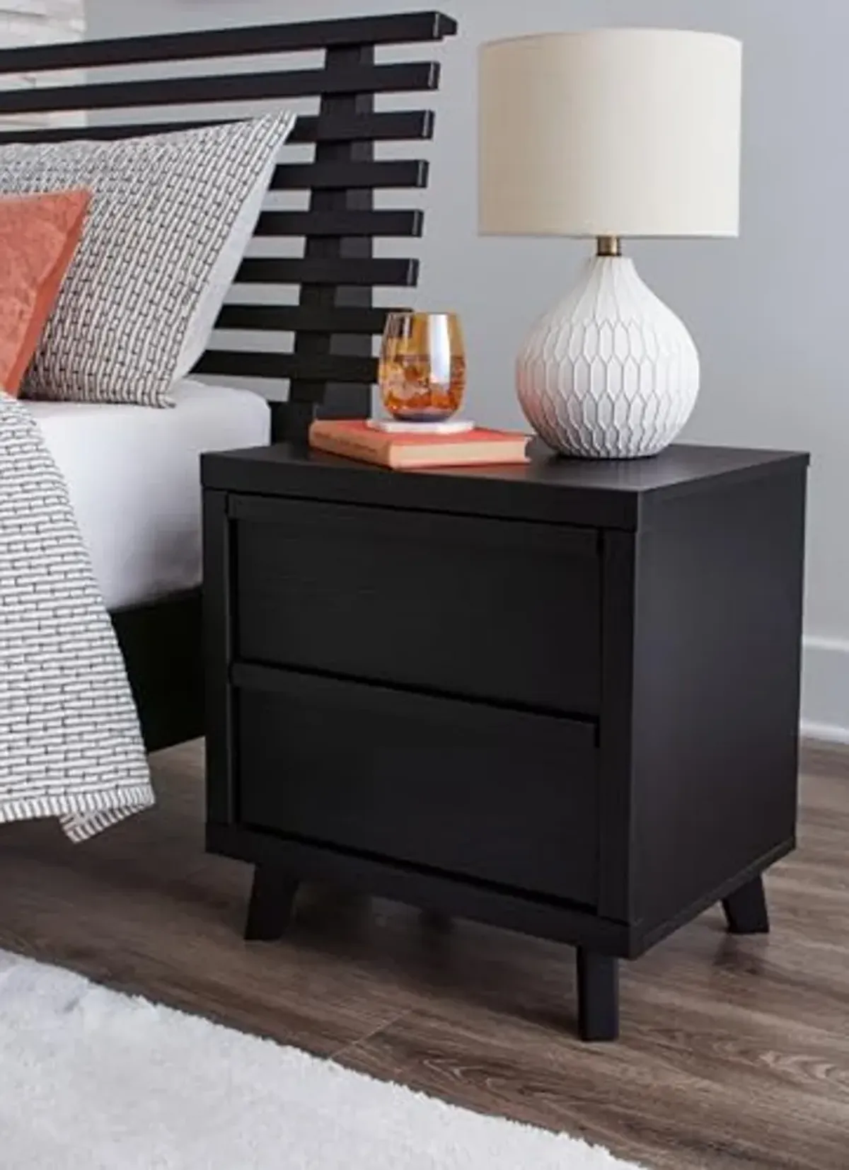 Signature Design by Ashley Danziar Modern 2 Drawer Nightstand with Wireless Charging and USB Ports, 24.37" Tall, Black