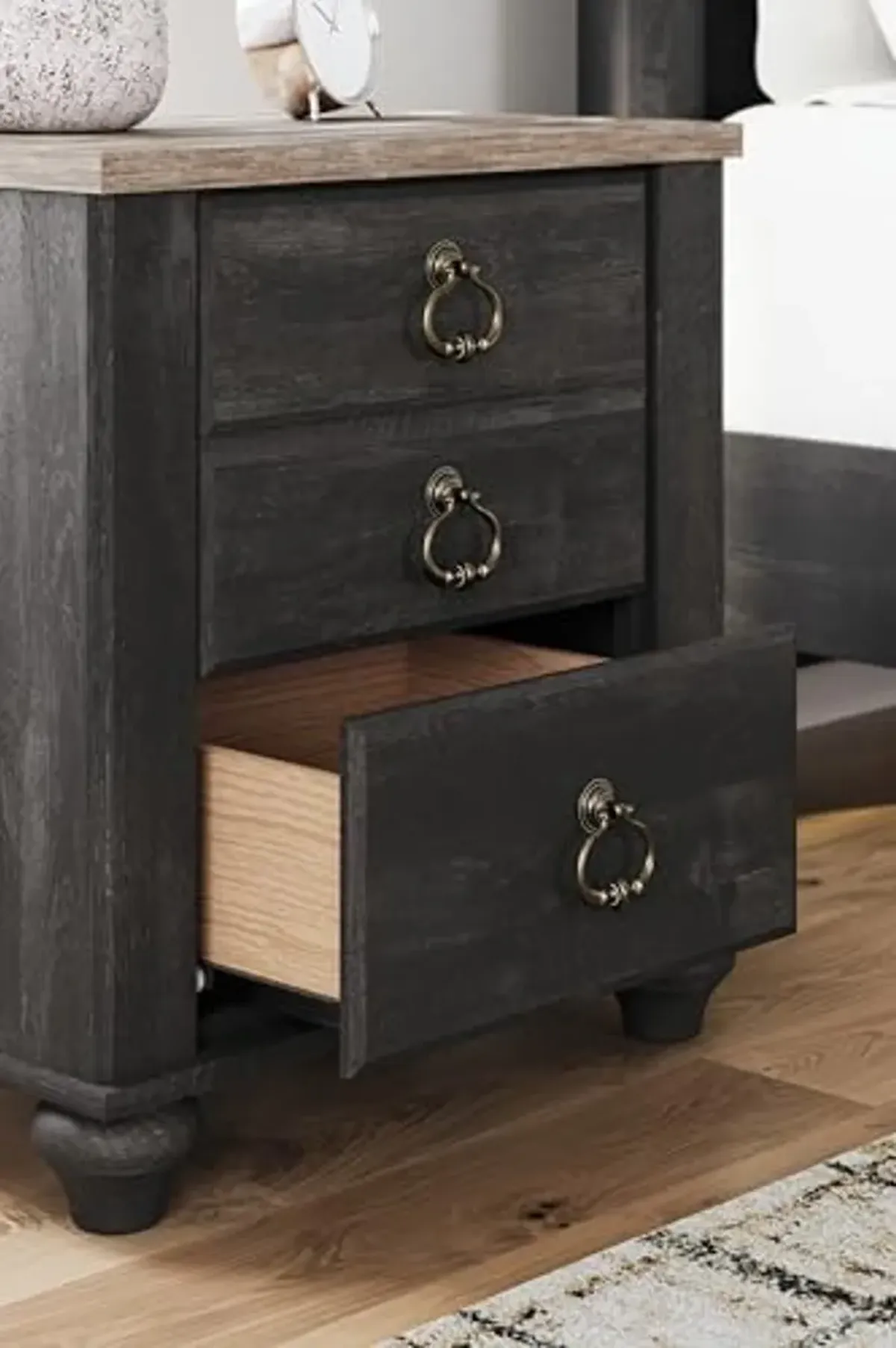 Signature Design by Ashley Nanforth Retro 2 Drawer Nightstand with USB Ports, 25.67" Tall, Gray & Light Brown