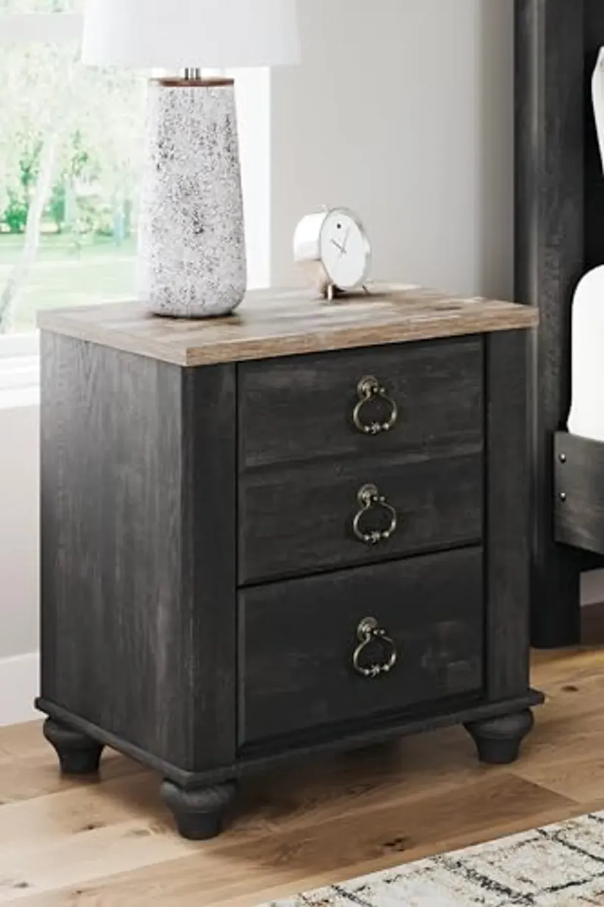 Signature Design by Ashley Nanforth Retro 2 Drawer Nightstand with USB Ports, 25.67" Tall, Gray & Light Brown