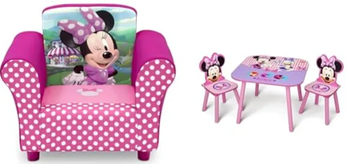 Delta Children Upholstered Chair, Wood, Disney Minnie Mouse & Kids Table and Chair Set (2 Chairs Included) - Ideal for Arts & Crafts, Snack Time, Homeschooling, Homework & More, Disney Minnie Mouse