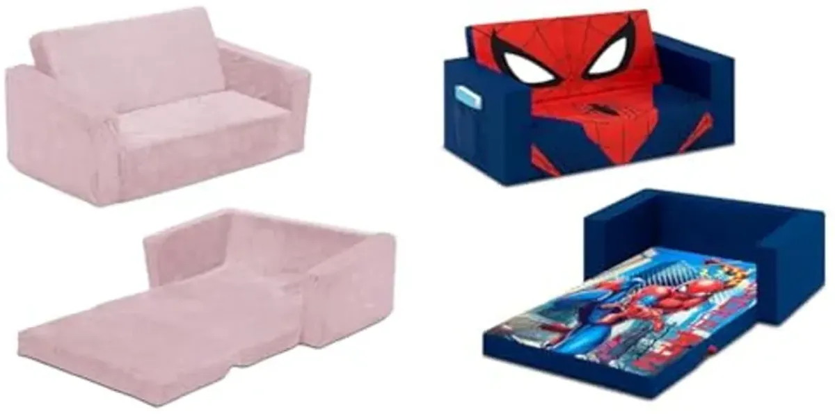 Delta Children Serta Perfect Sleeper Extra Wide Convertible Sofa to Lounger, Comfy 2-in-1 Flip Open Couch/Sleeper for Kids, Pink & Cozee Flip-Out Sofa, Spider-Man