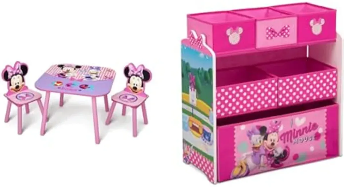 Delta Children Kids Table and Chair Set (2 Chairs Included) & Disney Minnie Mouse 6 Bin Design and Store Toy Organizer