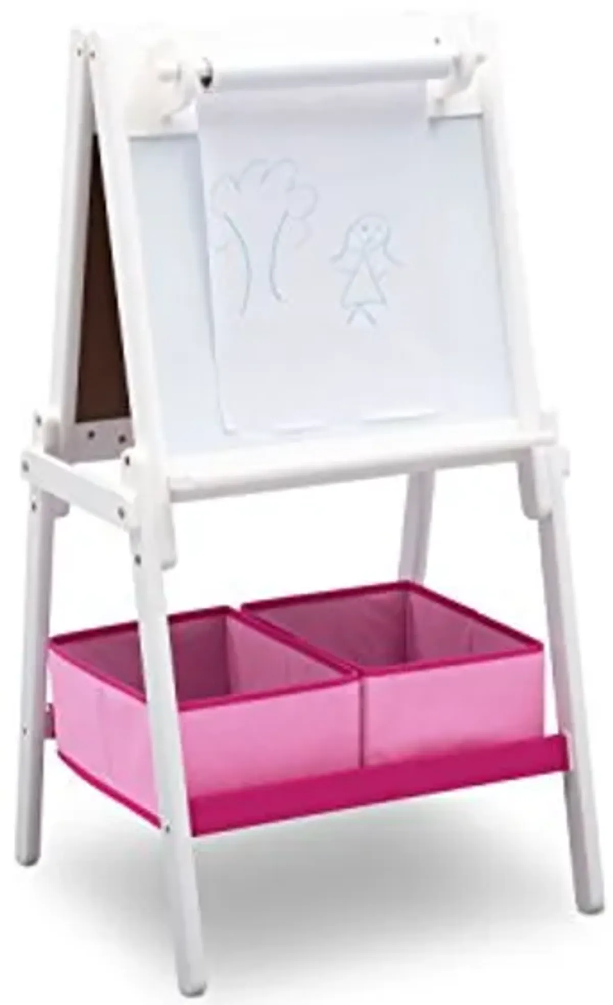 Delta Children 4-Piece Toddler Playroom Set, Pink/White, Table and 2 Chairs and 6-Bin Toy Organizer & MySize Kids Double-Sided Storage Easel -Ideal for Arts & Crafts