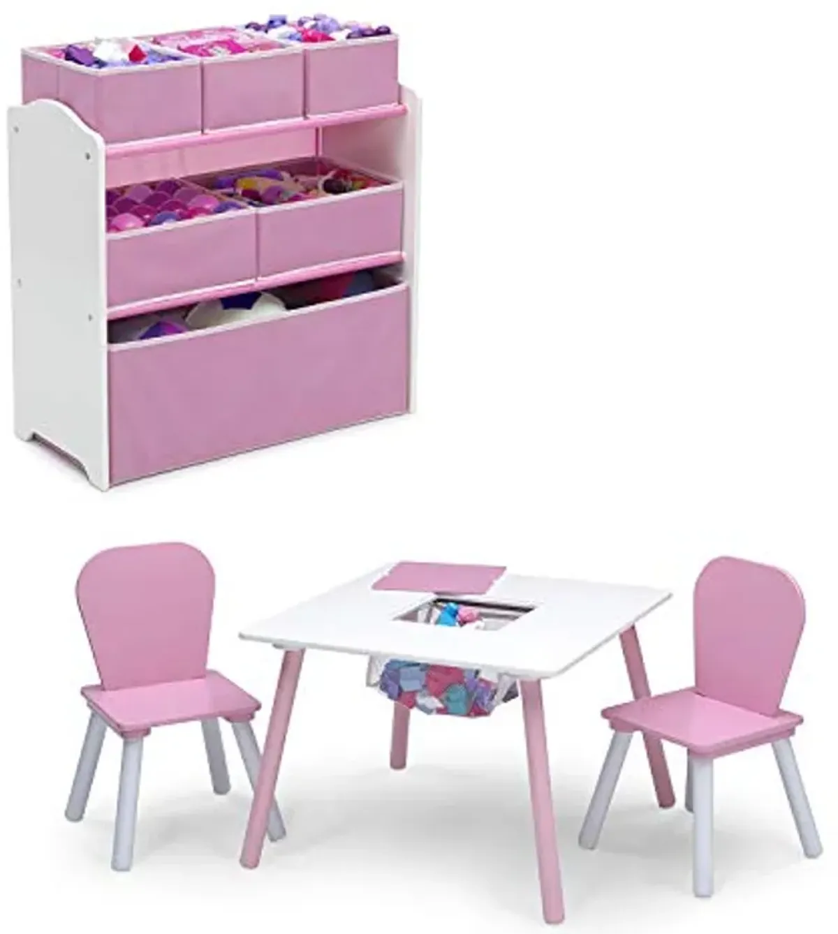 Delta Children 4-Piece Toddler Playroom Set, Pink/White, Table and 2 Chairs and 6-Bin Toy Organizer & MySize Kids Double-Sided Storage Easel -Ideal for Arts & Crafts