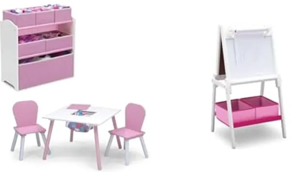 Delta Children 4-Piece Toddler Playroom Set, Pink/White, Table and 2 Chairs and 6-Bin Toy Organizer & MySize Kids Double-Sided Storage Easel -Ideal for Arts & Crafts