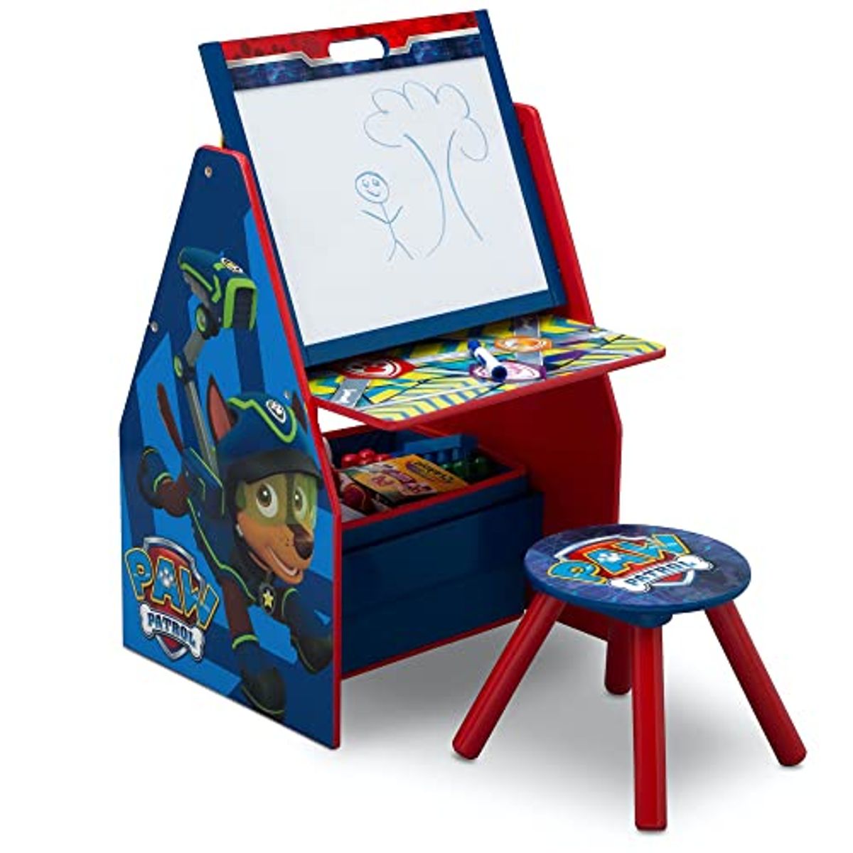 Delta Children Kids Table and Chair Set with Storage (2 Chairs Included) & Kids Easel and Play Station – Ideal for Arts & Crafts, Homeschooling and More