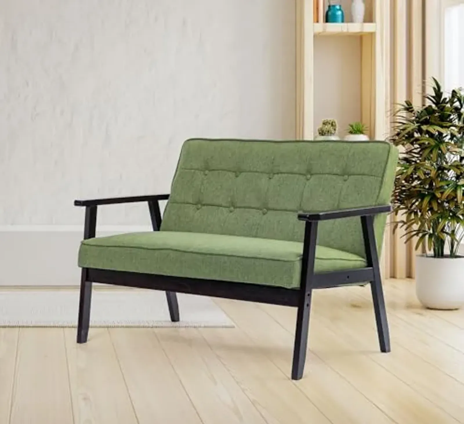 Divano Roma Furniture Mid-Century Accent Arm Modern Retro Leisure Chair with Solid Wood Frame Single Sofa for Living Room, Bedroom, Balcony, Studio, 2 Seat, Green