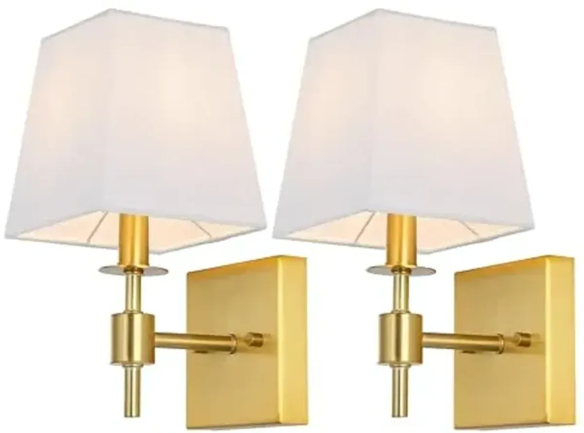 SAFAVIEH Lighting Collection Clauren Brass Wall Sconce Set of 2 Light Fixture, with White Shade Ideal for Bathroom, Entryway, Vanity, Foyer, Hallway, Living Room (LED Bulbs Included)