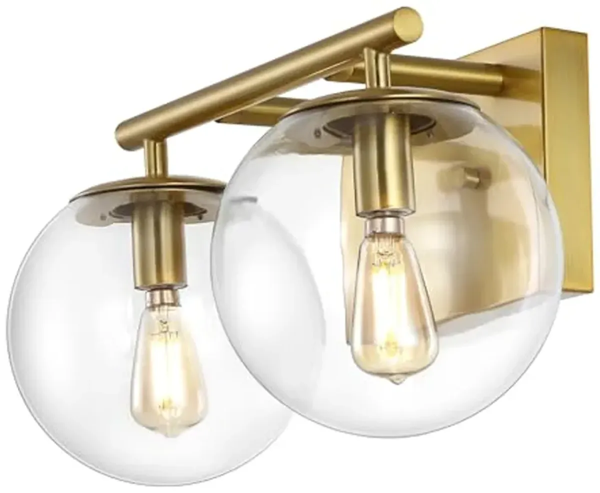 SAFAVIEH Lighting Collection Severa Brass/Clear Glass Globe Shade 2-Light Wall Sconce Light Fixture, Ideal for Bathroom, Entryway, Vanity, Foyer, Hallway, Living Room (LED Bulb Included)