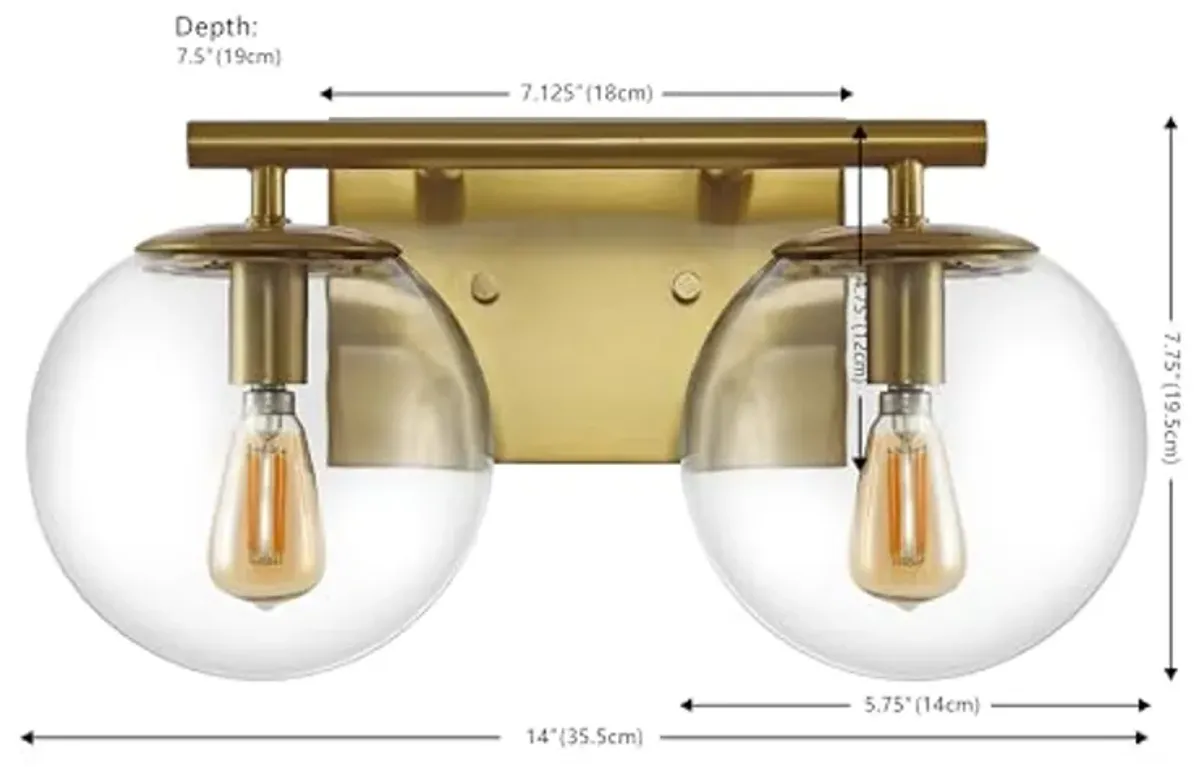 SAFAVIEH Lighting Collection Severa Brass/Clear Glass Globe Shade 2-Light Wall Sconce Light Fixture, Ideal for Bathroom, Entryway, Vanity, Foyer, Hallway, Living Room (LED Bulb Included)