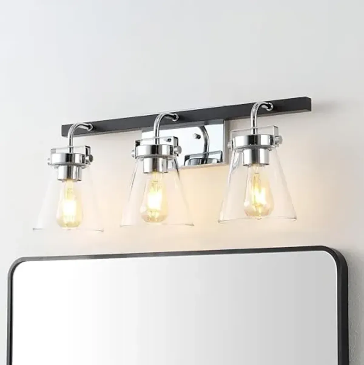 SAFAVIEH Lighting Collection Rayney Chrome/Black 3-Light Wall Sconce Light Fixture, Glass Shade Ideal for Bathroom, Vanity Over Mirror, Entryway, Foyer, Hallway, Living Room (LED Bulbs Included)