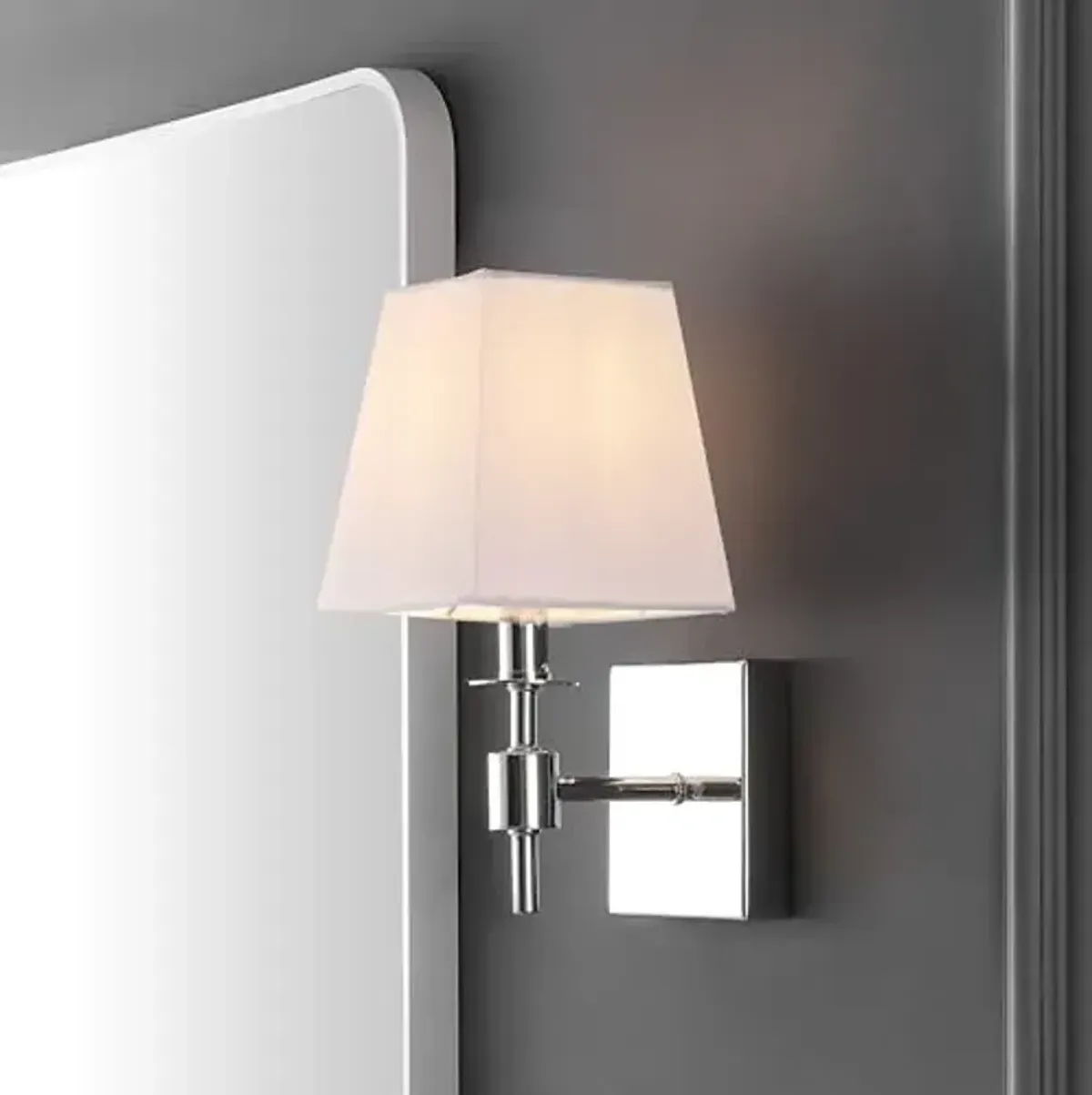 SAFAVIEH Lighting Collection Clauren Chrome Wall Sconce Set of 2 Light Fixture, with White Shade Ideal for Bathroom, Entryway, Vanity, Foyer, Hallway, Living Room (LED Bulbs Included)