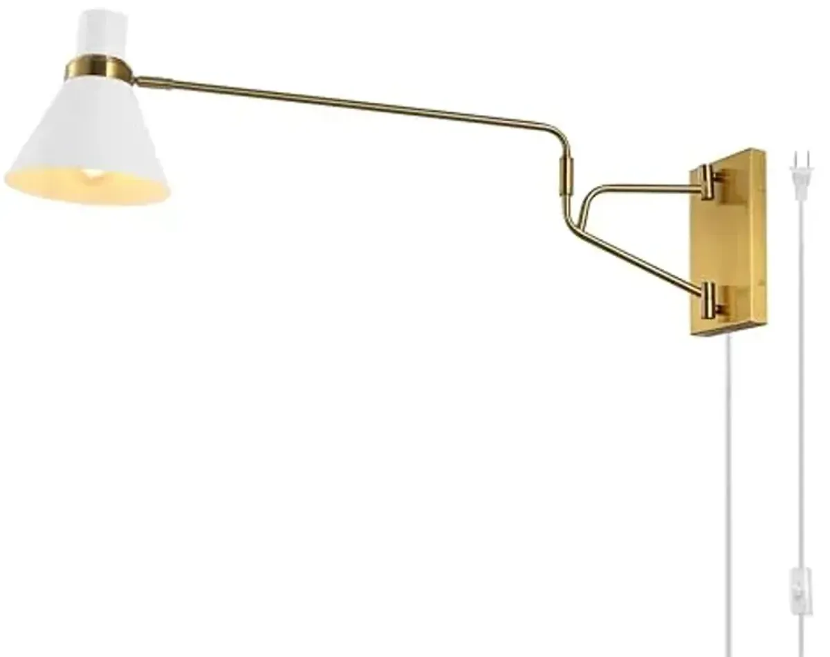 SAFAVIEH Lighting Collection Cleome Brass/White Adjustable Arm Wall Sconce Light Fixture, Ideal for Bathroom, Entryway, Vanity, Foyer, Hallway, Living Room (LED Bulb Included)