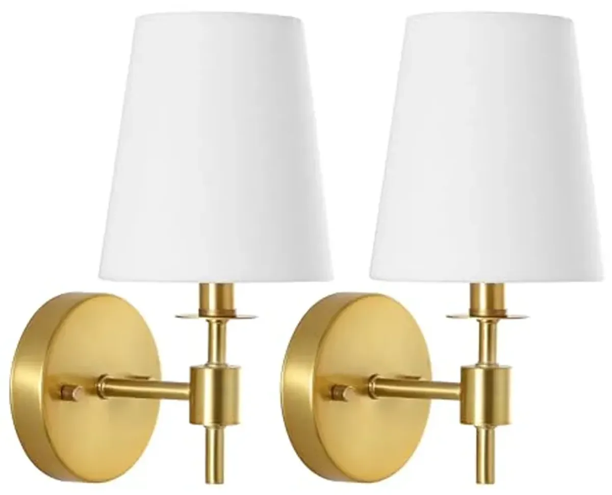 SAFAVIEH Lighting Collection Dalany Brass Wall Sconce Set of 2 Light Fixture, with White Shade Ideal for Bathroom, Entryway, Vanity, Foyer, Hallway, Living Room (LED Bulbs Included)